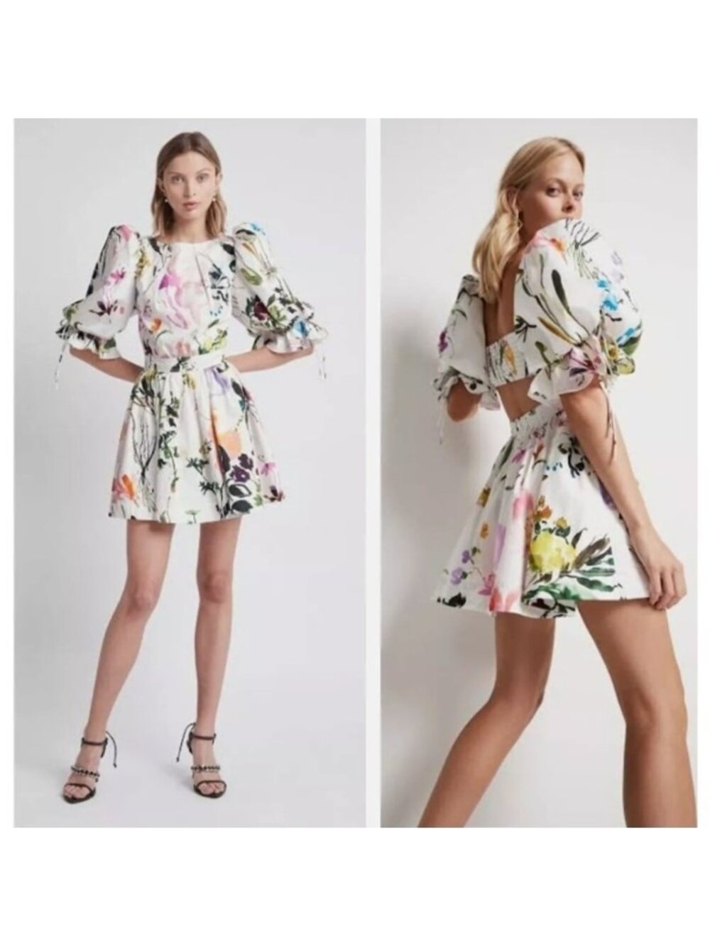 Aje Drift Floral Print Puff Sleeve Mini Dress Open Back Cotton US XS / AU 6 - Picture 2 of 13